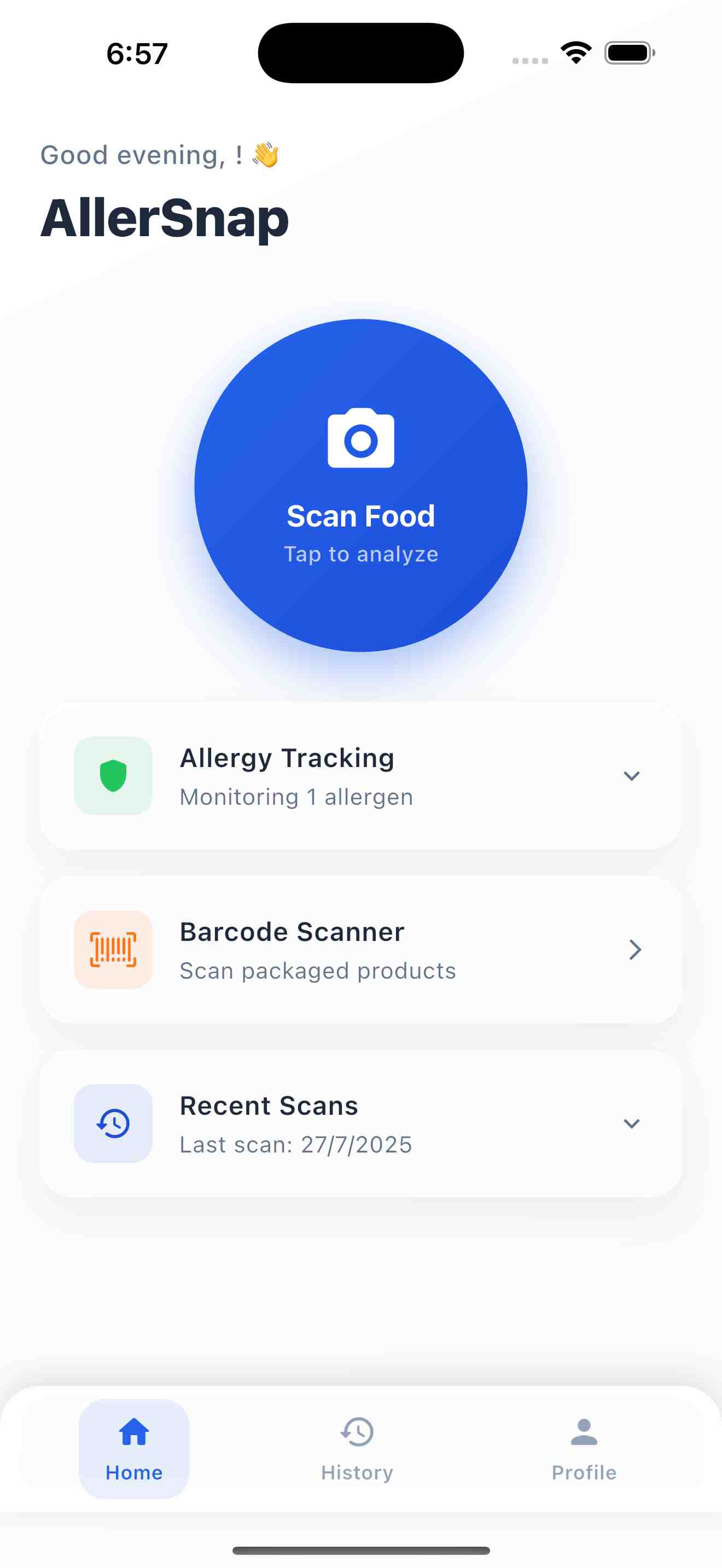 AllerSnap Home Screen