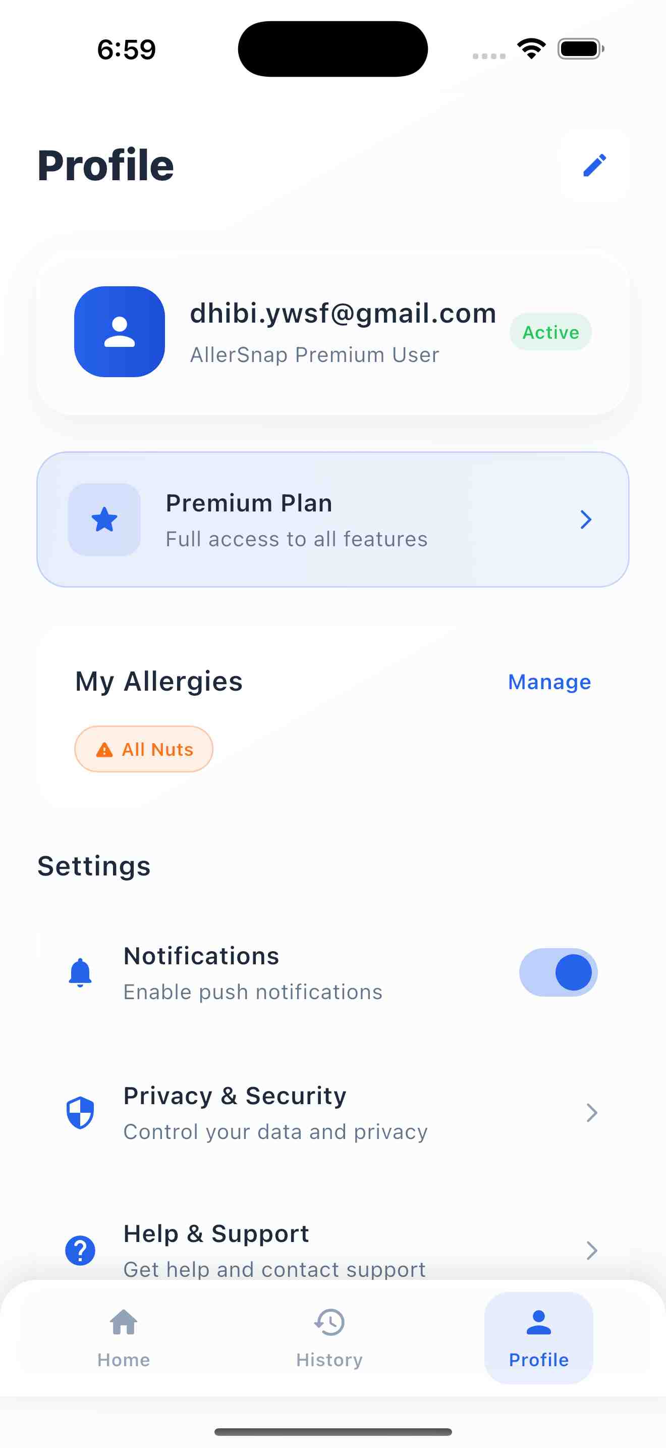 AllerSnap Profile Screen