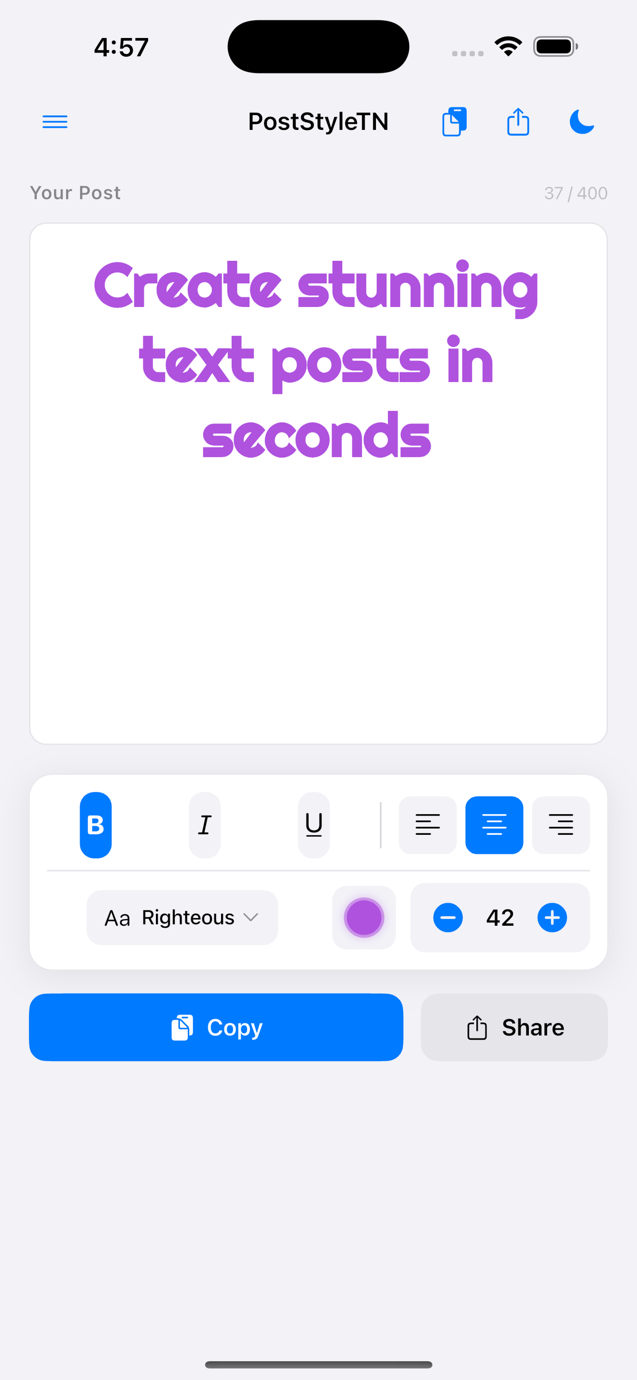 PostStyleTN interface showing text styling